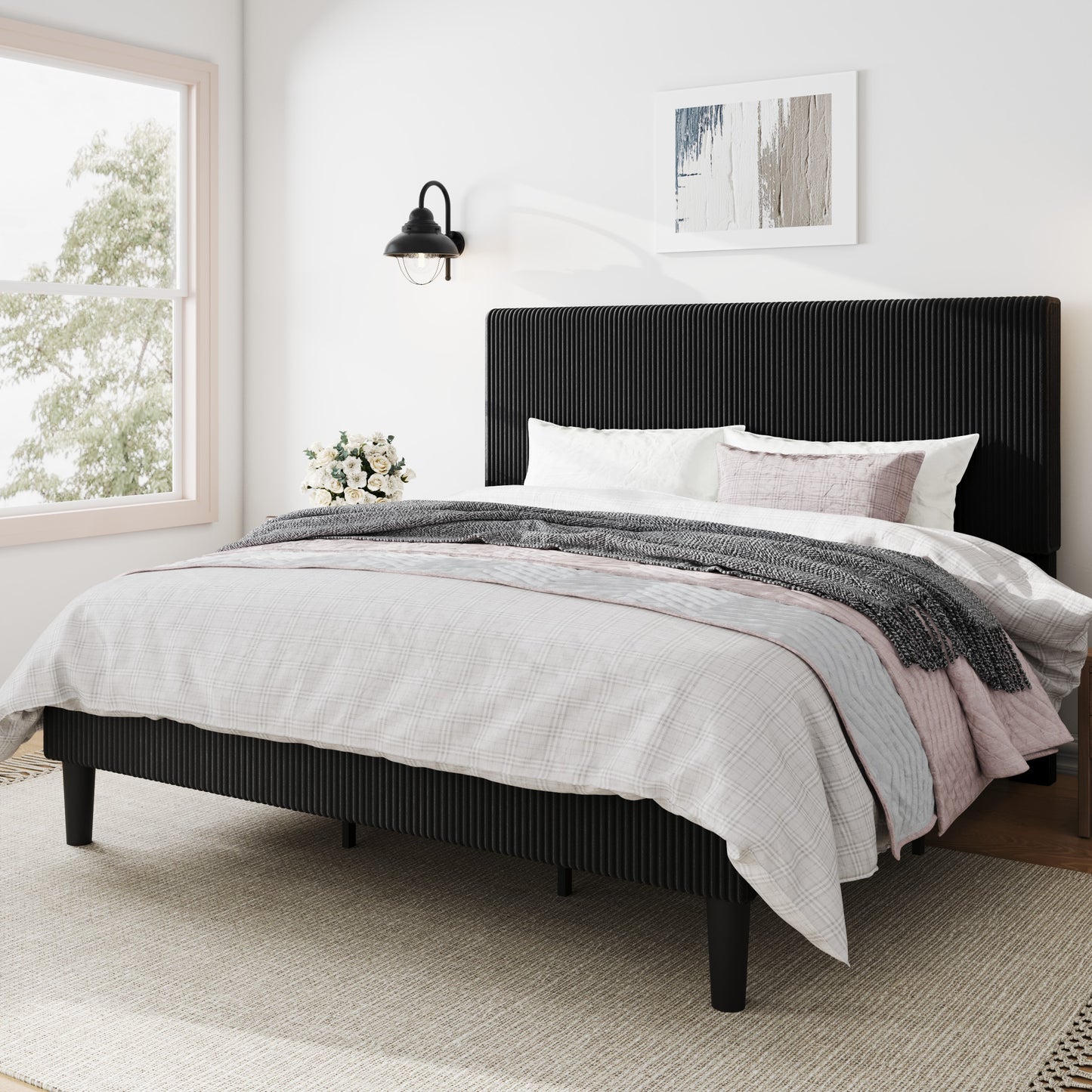 Amolife Platform Bed Frame with Corduroy Fabric Upholstered Adjustable Height Headboard