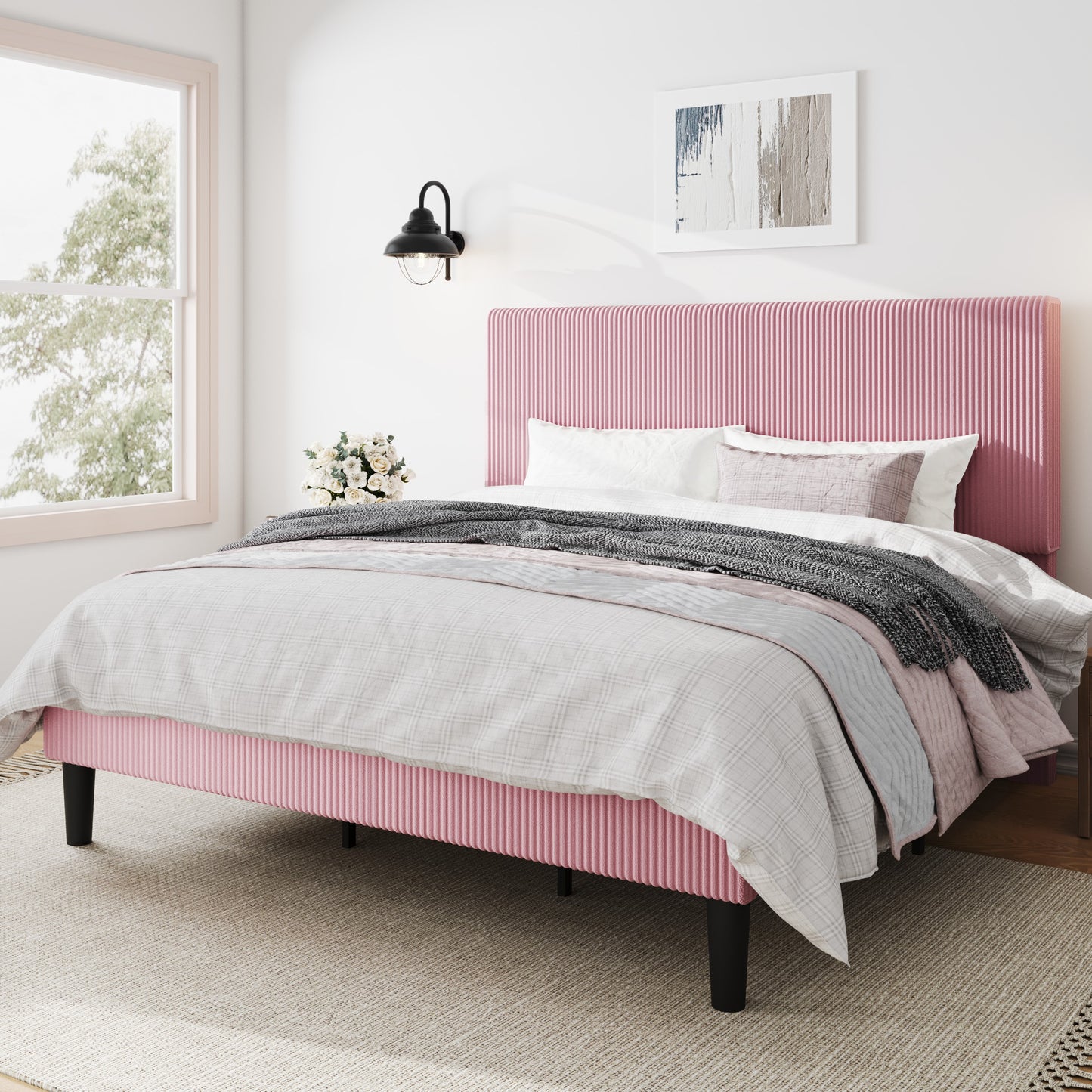 Amolife Platform Bed Frame with Corduroy Fabric Upholstered Adjustable Height Headboard