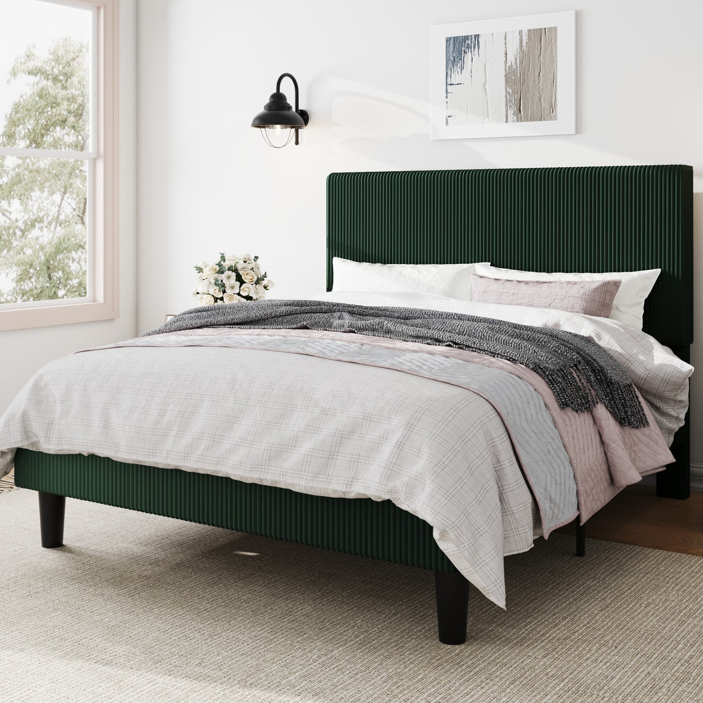 Amolife Platform Bed Frame with Corduroy Fabric Upholstered Adjustable Height Headboard