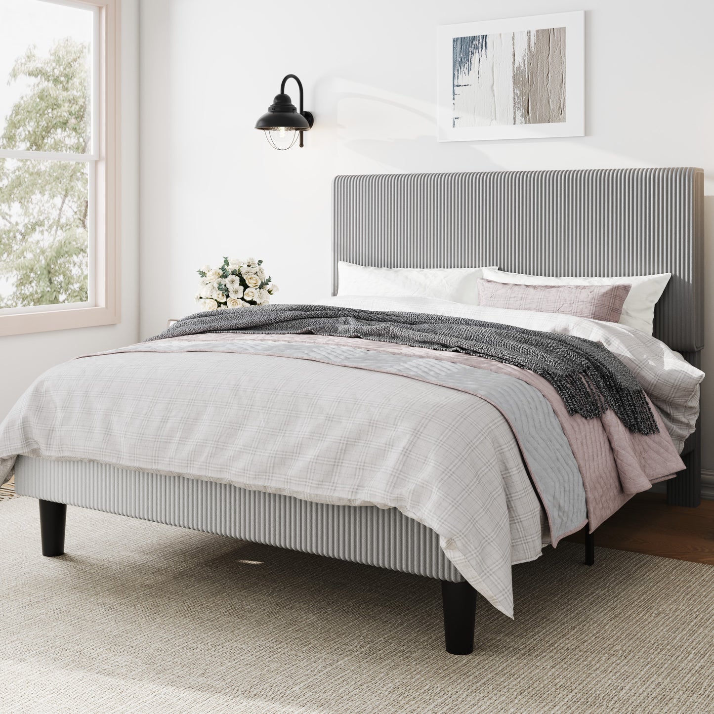 Amolife Platform Bed Frame with Corduroy Fabric Upholstered Adjustable Height Headboard