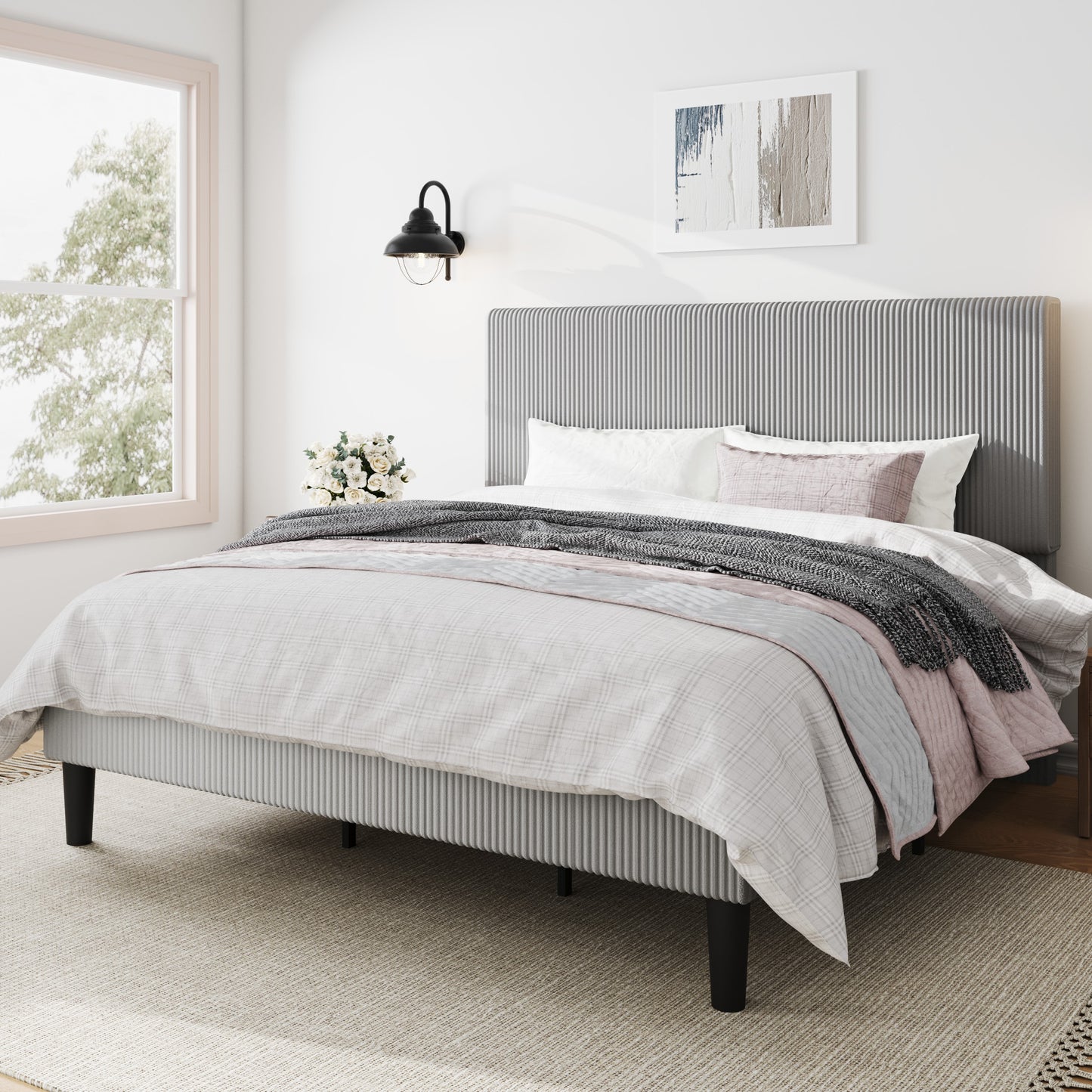 Amolife Platform Bed Frame with Corduroy Fabric Upholstered Adjustable Height Headboard