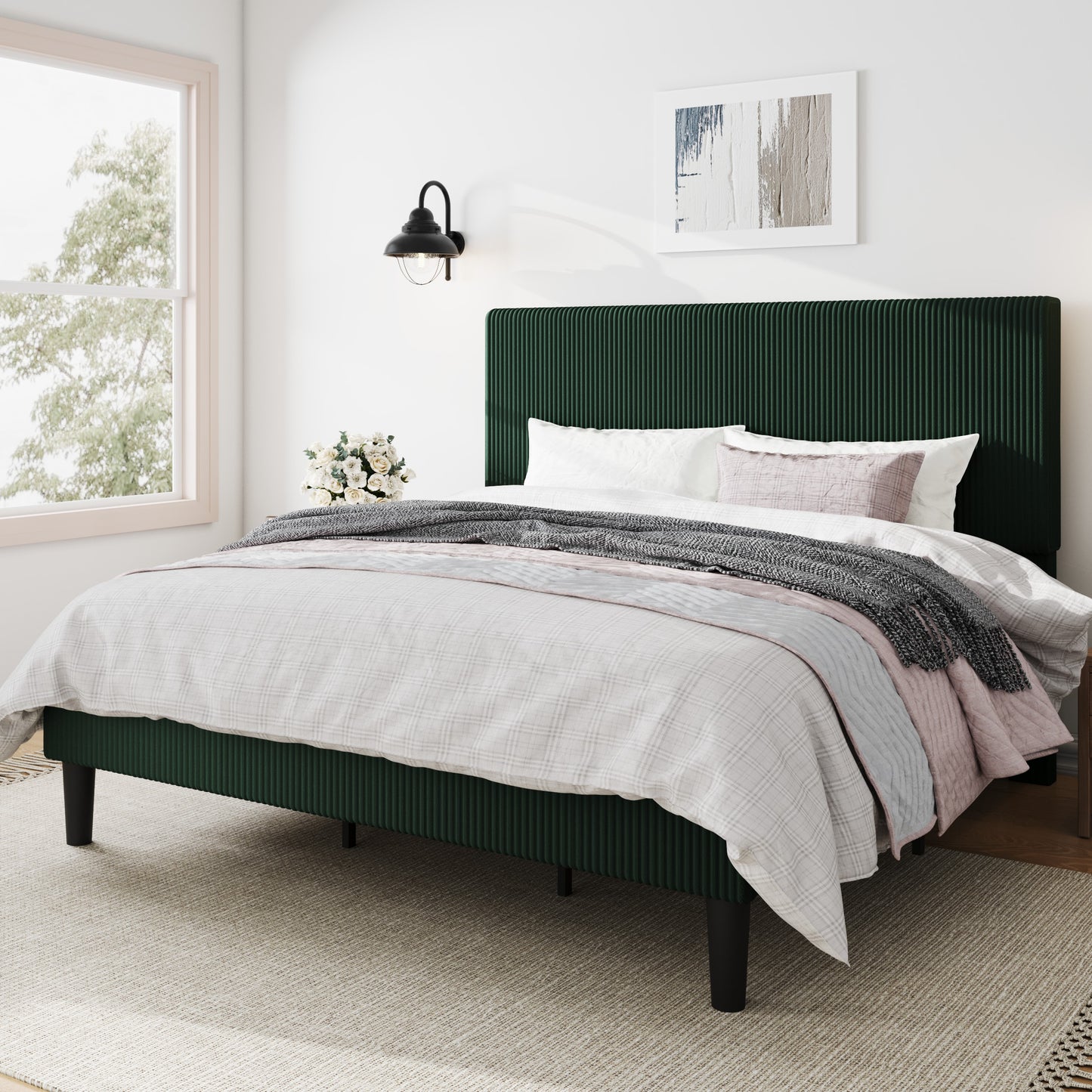 Amolife Platform Bed Frame with Corduroy Fabric Upholstered Adjustable Height Headboard