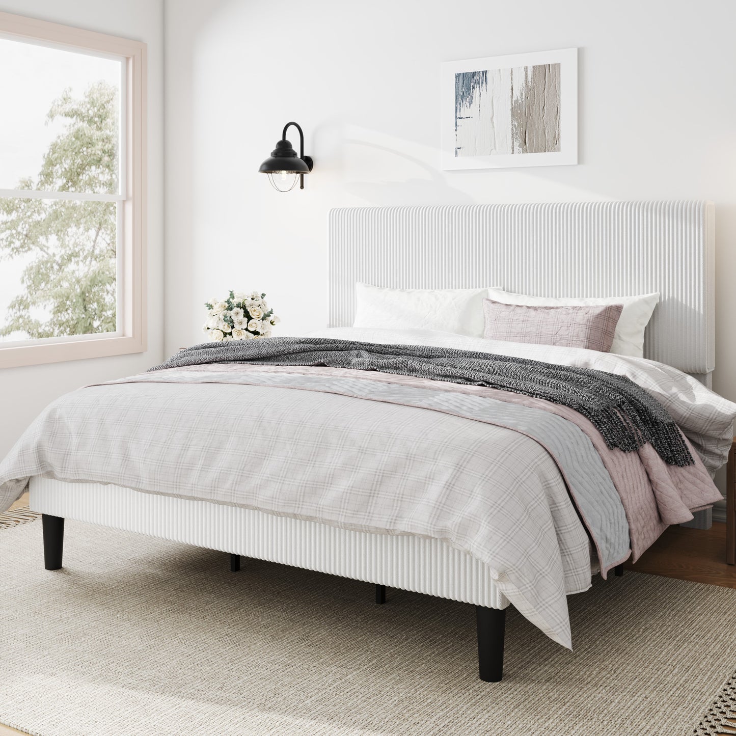 Amolife Platform Bed Frame with Corduroy Fabric Upholstered Adjustable Height Headboard
