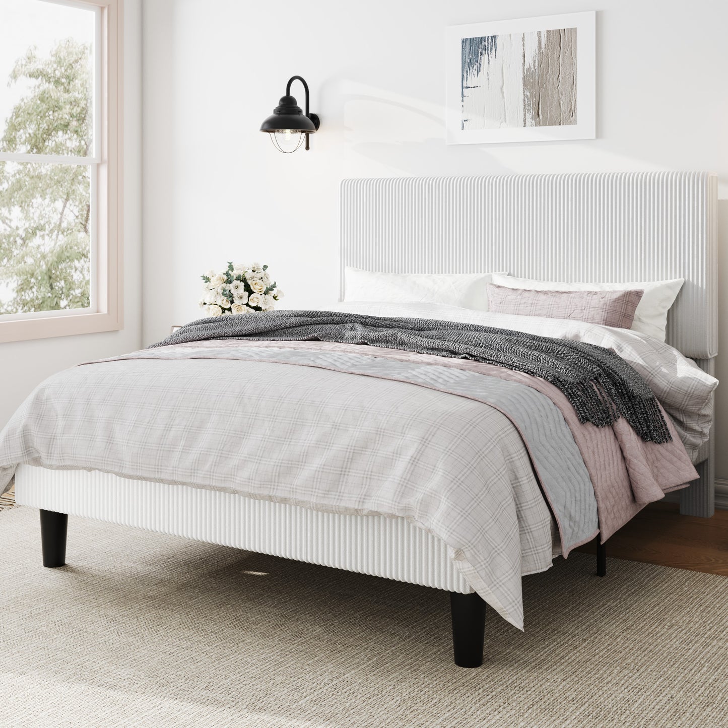 Amolife Platform Bed Frame with Corduroy Fabric Upholstered Adjustable Height Headboard