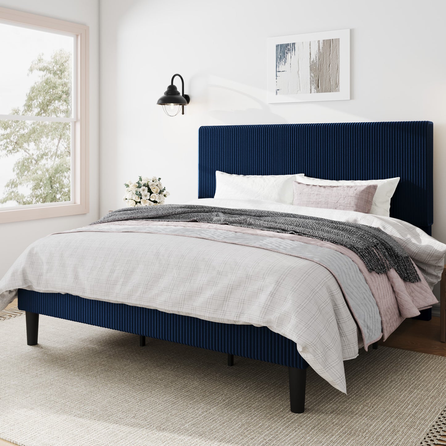 Amolife Platform Bed Frame with Corduroy Fabric Upholstered Adjustable Height Headboard