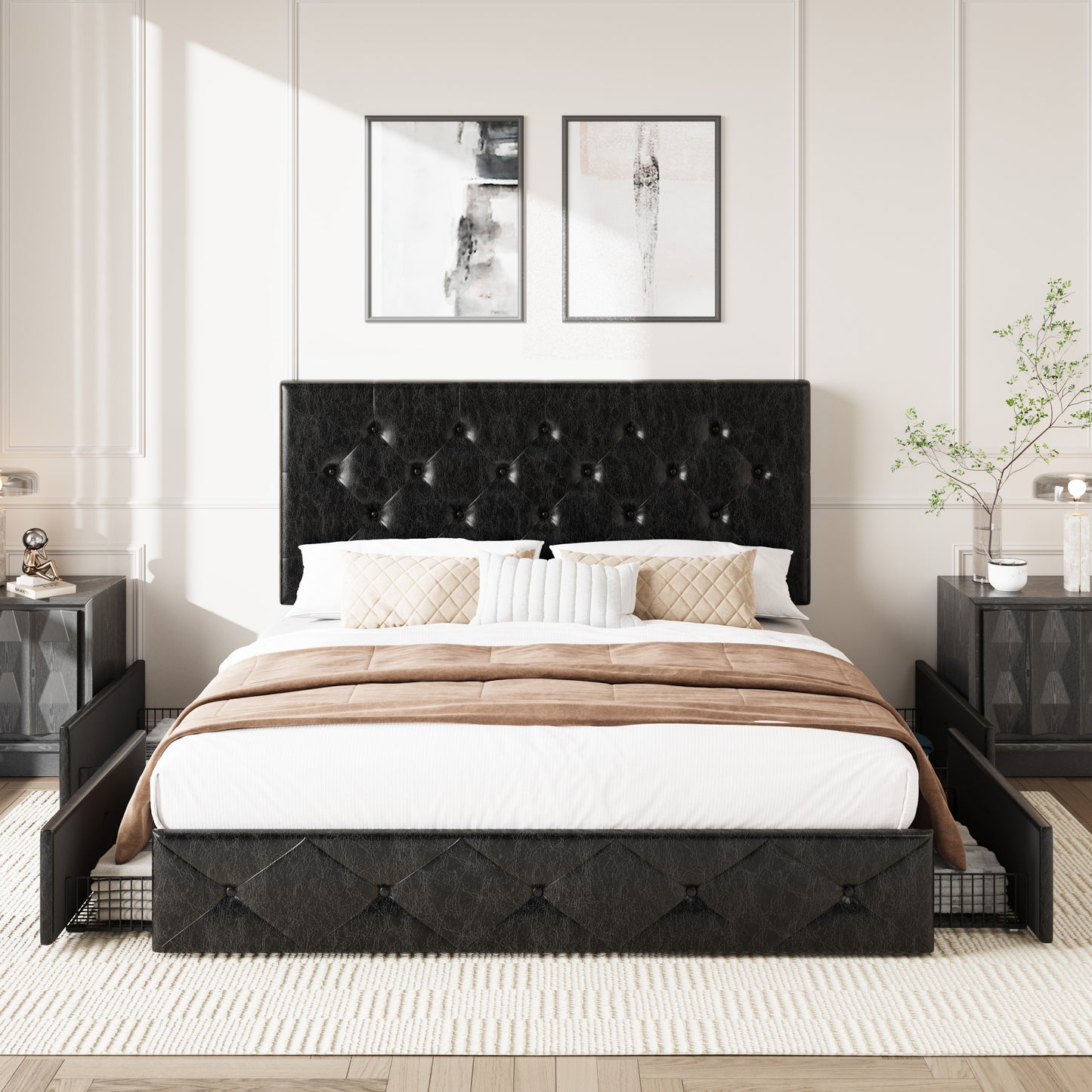Amolife Faux Leather Platform Bed Frame with 4 Storage Drawers, Button Tufted Style Hedboard