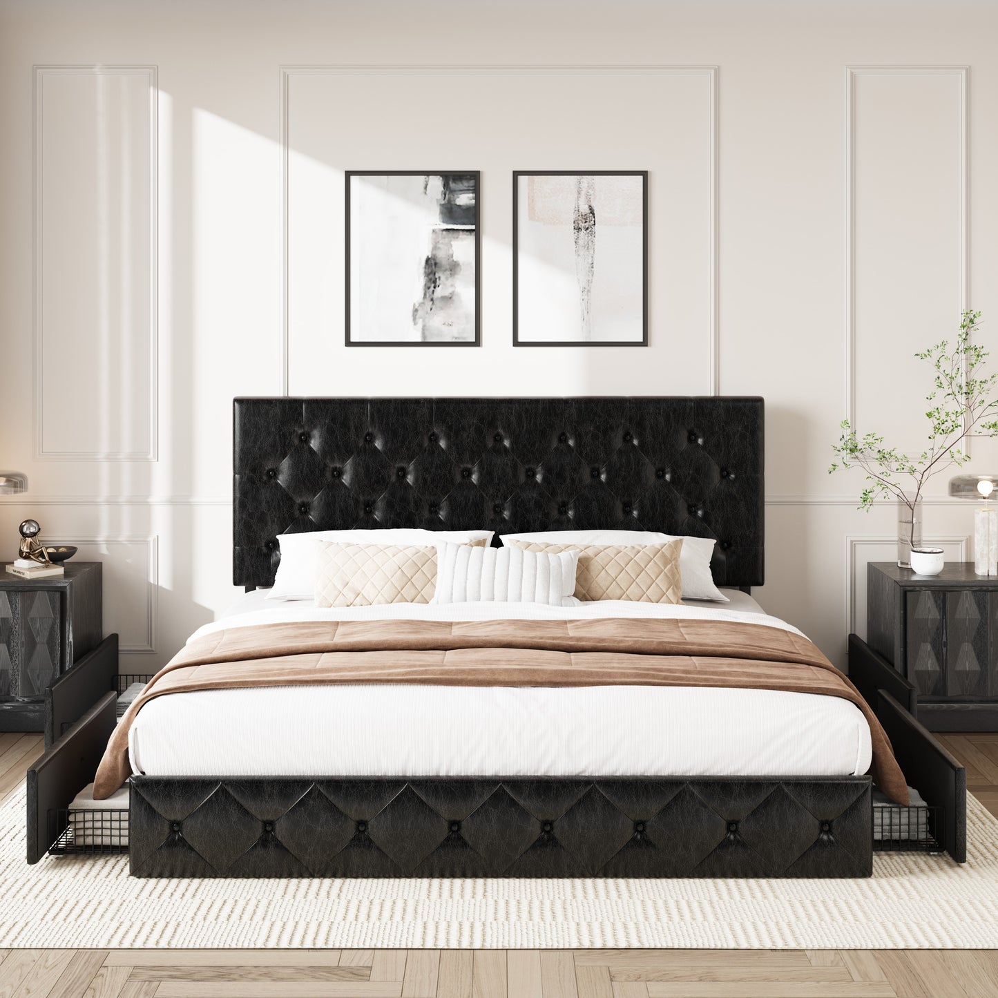 Amolife Faux Leather Platform Bed Frame with 4 Storage Drawers, Button Tufted Style Hedboard