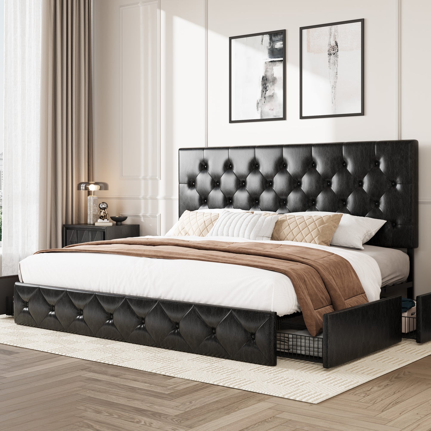 Amolife Faux Leather Platform Bed Frame with 4 Storage Drawers, Button Tufted Style Hedboard