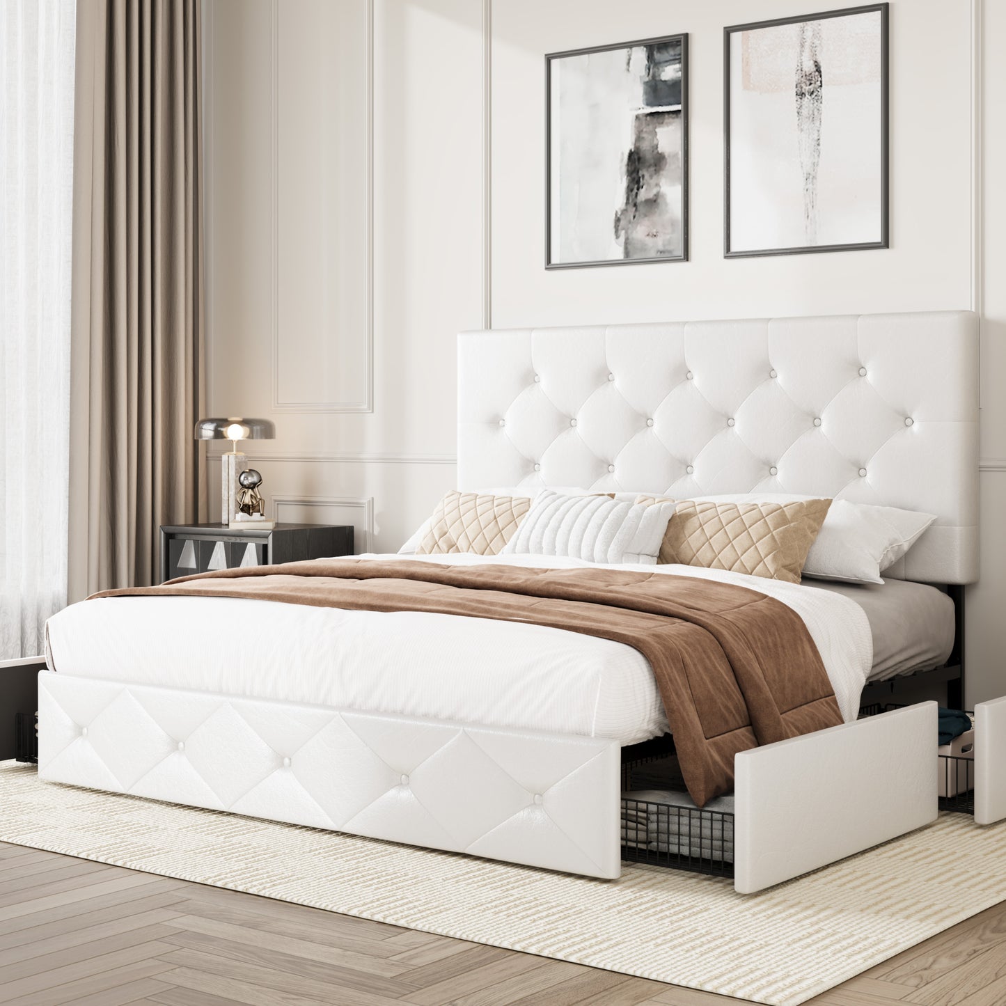 Amolife Faux Leather Platform Bed Frame with 4 Storage Drawers, Button Tufted Style Hedboard