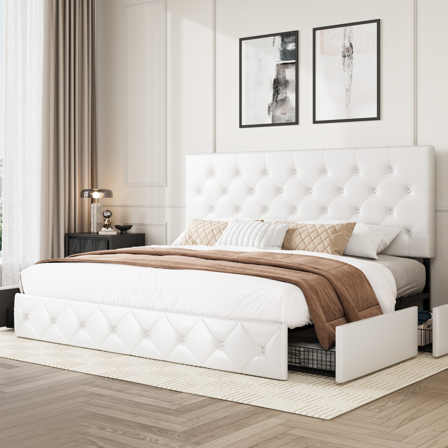 Amolife Faux Leather Platform Bed Frame with 4 Storage Drawers, Button Tufted Style Hedboard