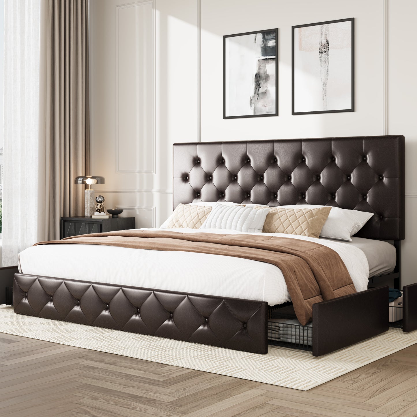 Amolife Faux Leather Platform Bed Frame with 4 Storage Drawers, Button Tufted Style Hedboard
