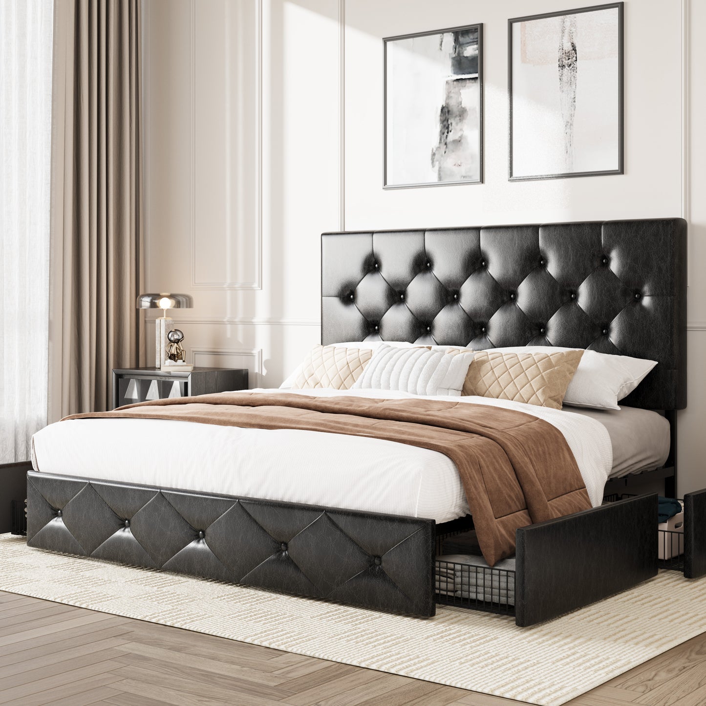 Amolife Faux Leather Platform Bed Frame with 4 Storage Drawers, Button Tufted Style Hedboard
