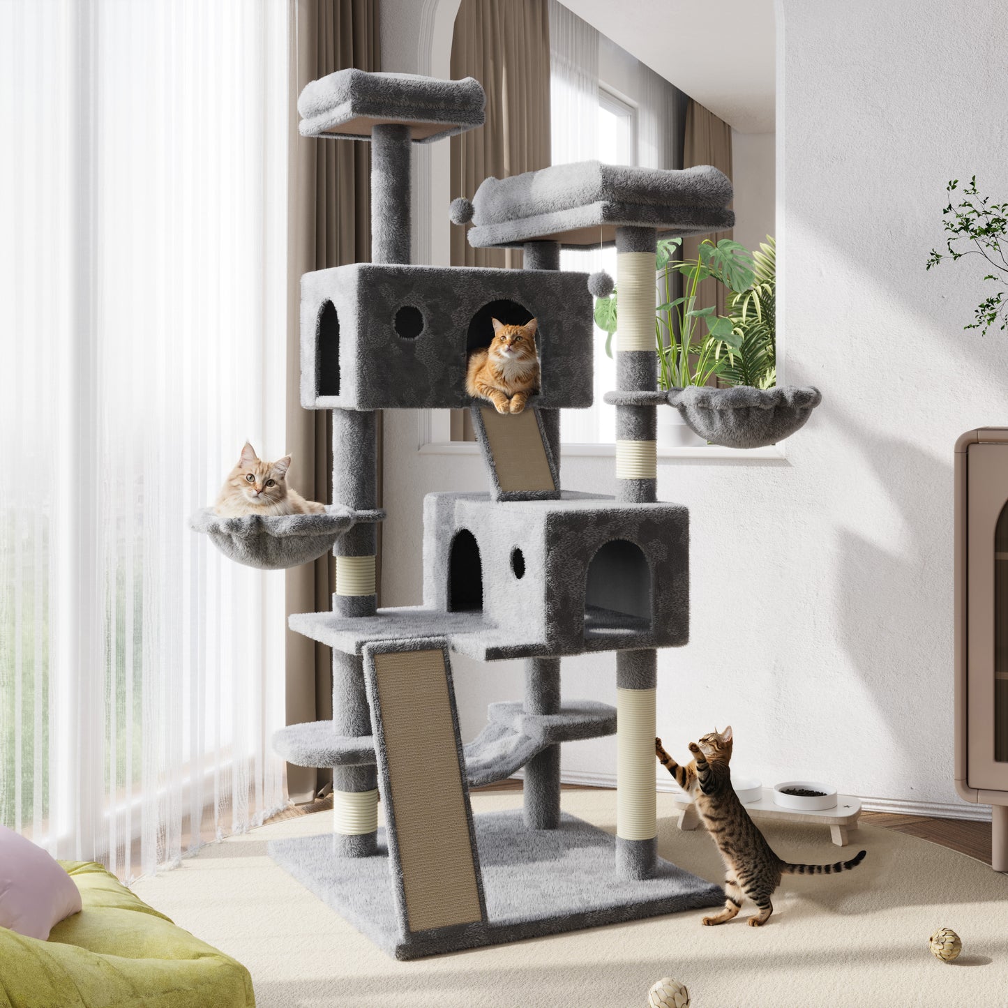 Amolife 65.7" Cat Tree Tower Condo for Large Cats with Hammock, Scratching Post & Basket