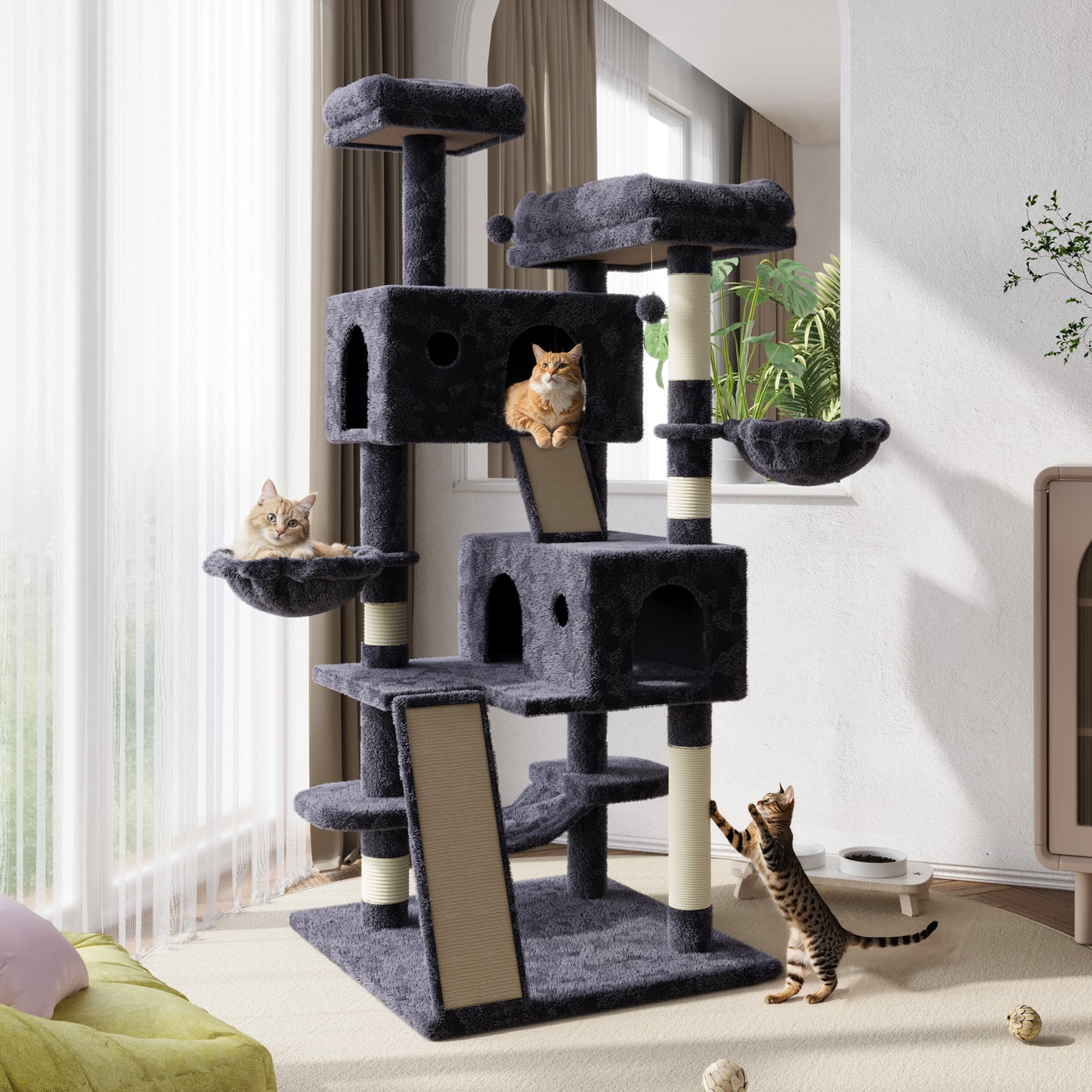 Amolife 65.7" Cat Tree Tower Condo for Large Cats with Hammock, Scratching Post & Basket