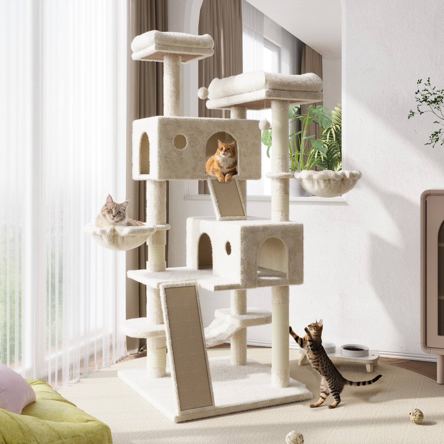 Amolife 65.7" Cat Tree Tower Condo for Large Cats with Hammock, Scratching Post & Basket