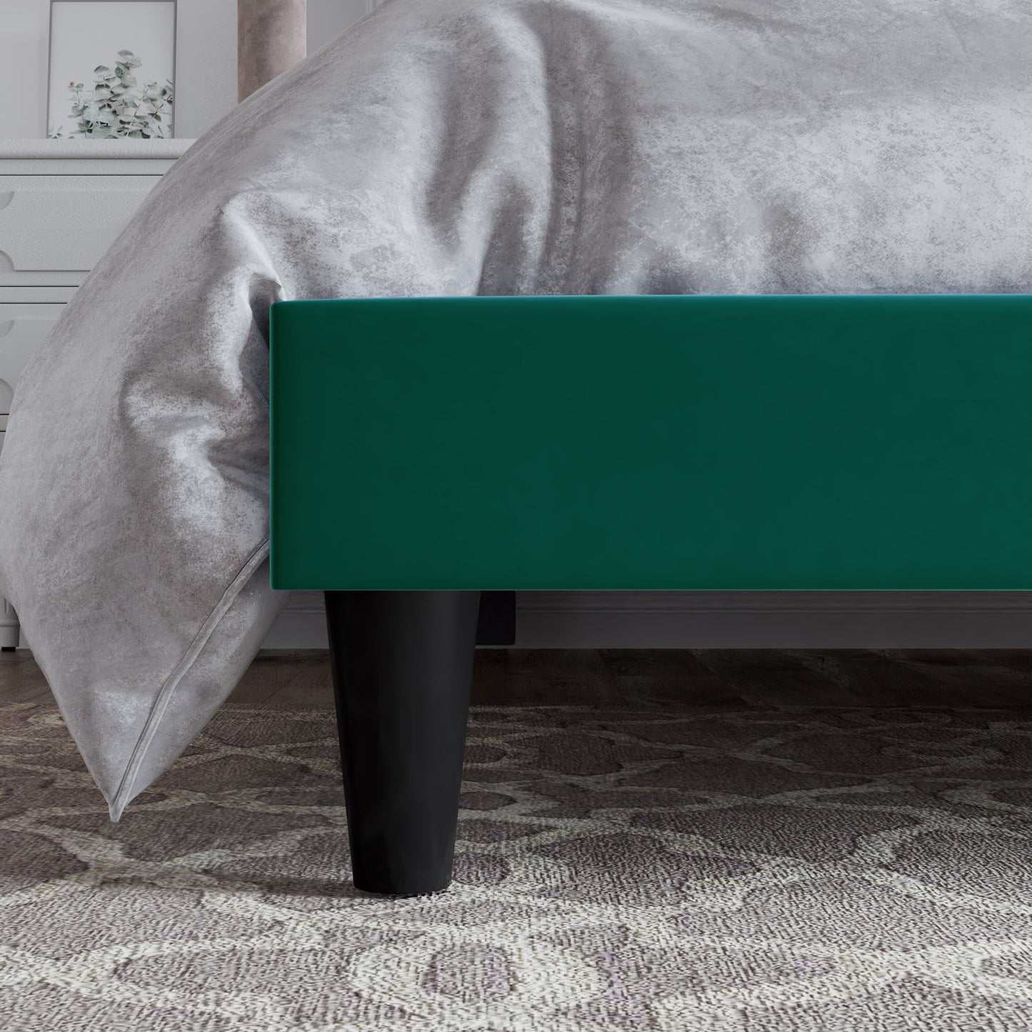 Queen Bed Frame with Adjustable Velvet-Studded Headboard, Black