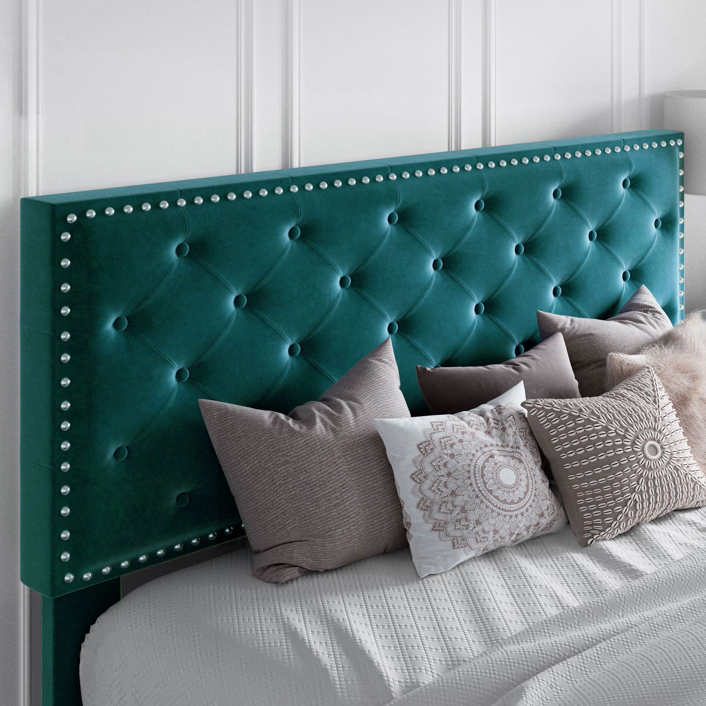 Queen Bed Frame with Adjustable Velvet-Studded Headboard, Black