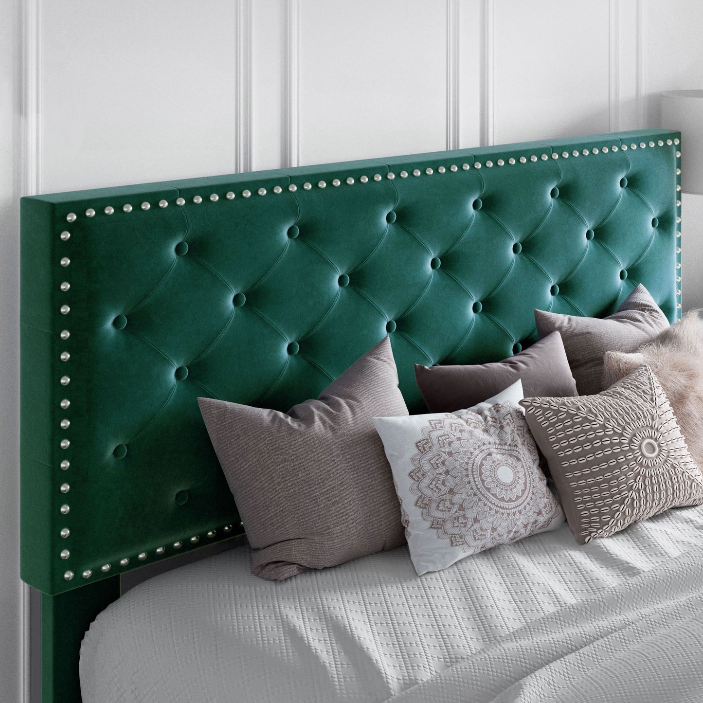 Queen Bed Frame with Adjustable Velvet-Studded Headboard, Black
