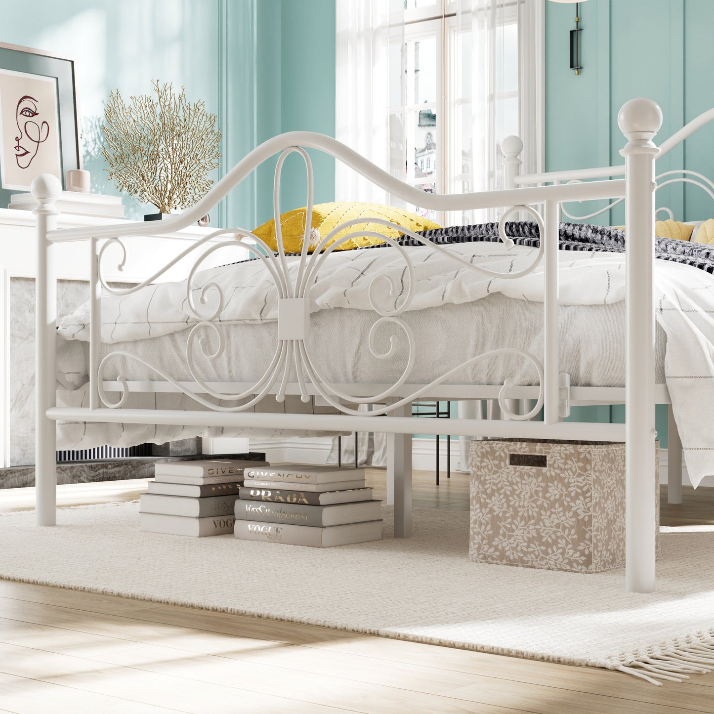Amolife Metal Platform Bed Frame With Vintage Butterfly Pattern Headboard&Footboard