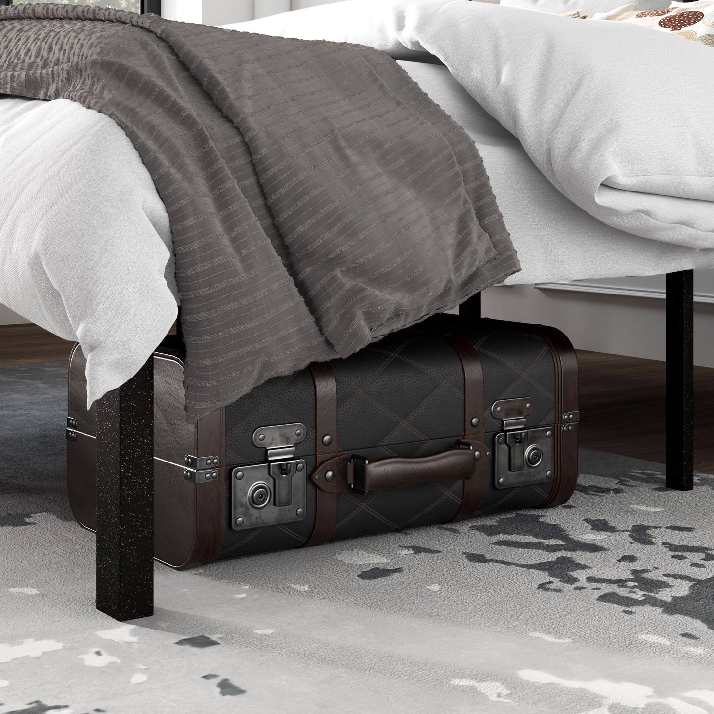 Amolife Metal Platform Bed Frame with Industrial Wooden Rivet Headboard