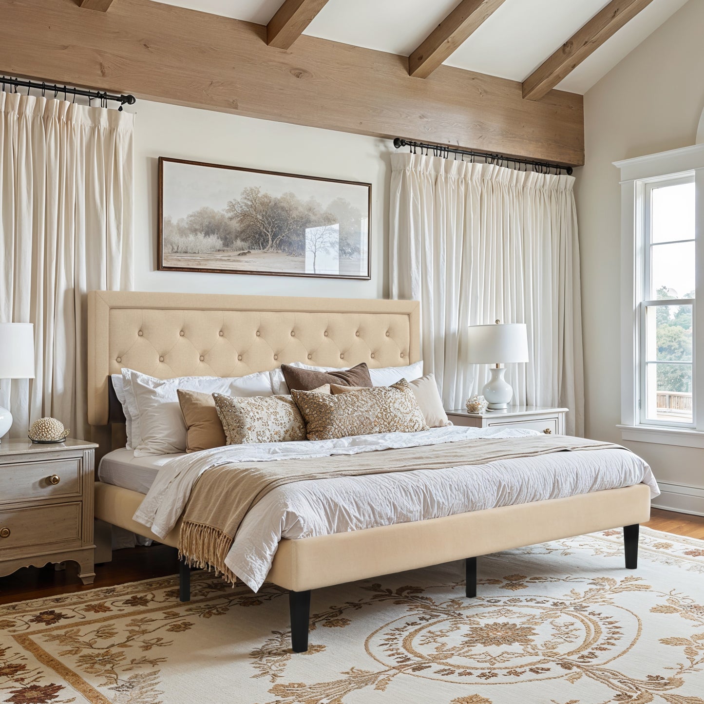 Amolife Fabric Upholstered Platform Bed Frame with Button Tufted Headboard