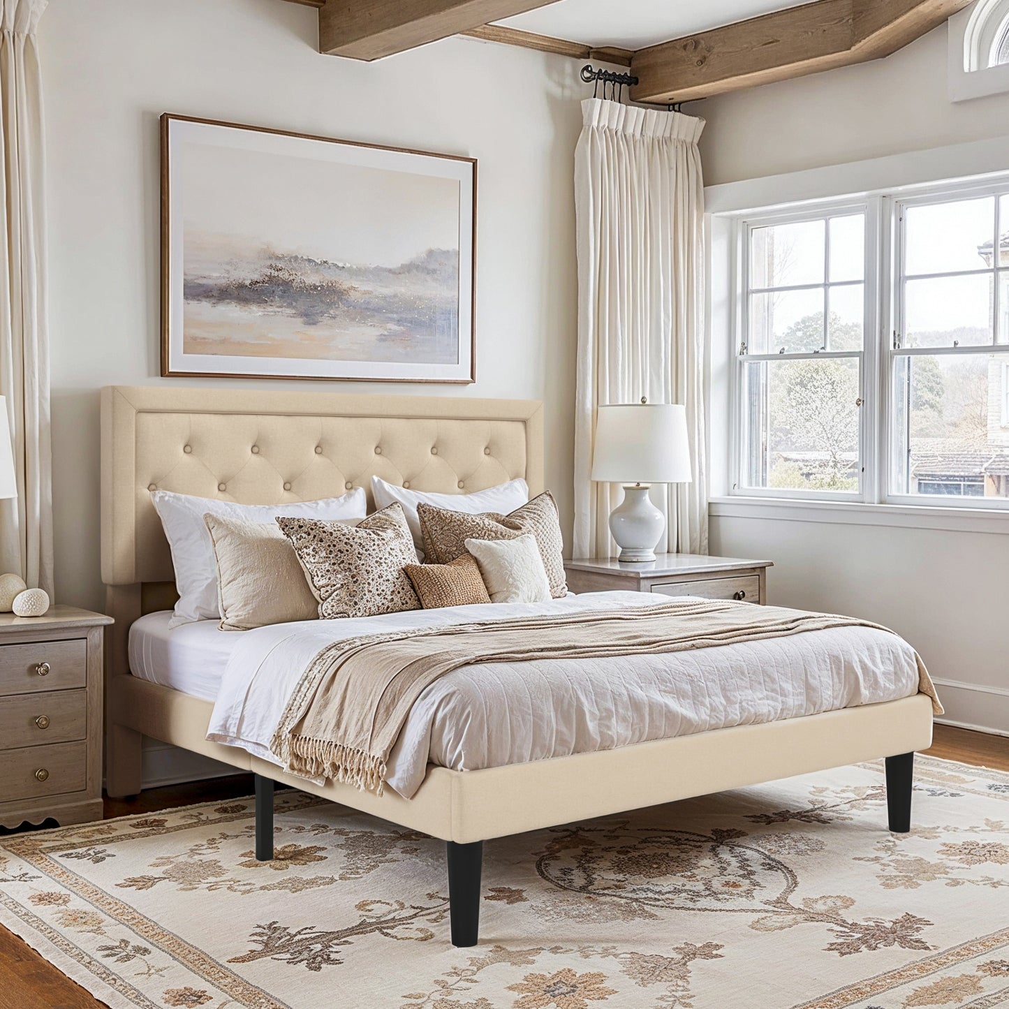 Amolife Fabric Upholstered Platform Bed Frame with Button Tufted Headboard