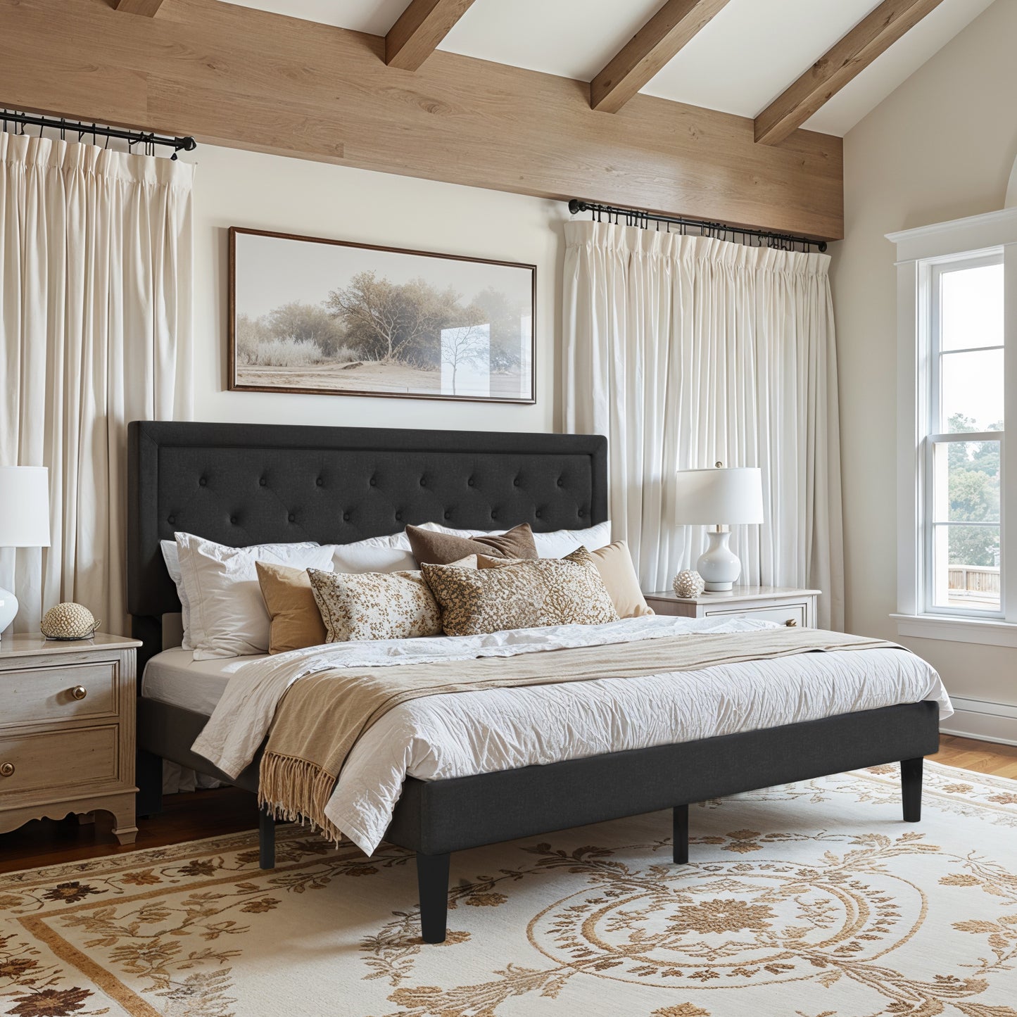 Amolife Fabric Upholstered Platform Bed Frame with Button Tufted Headboard