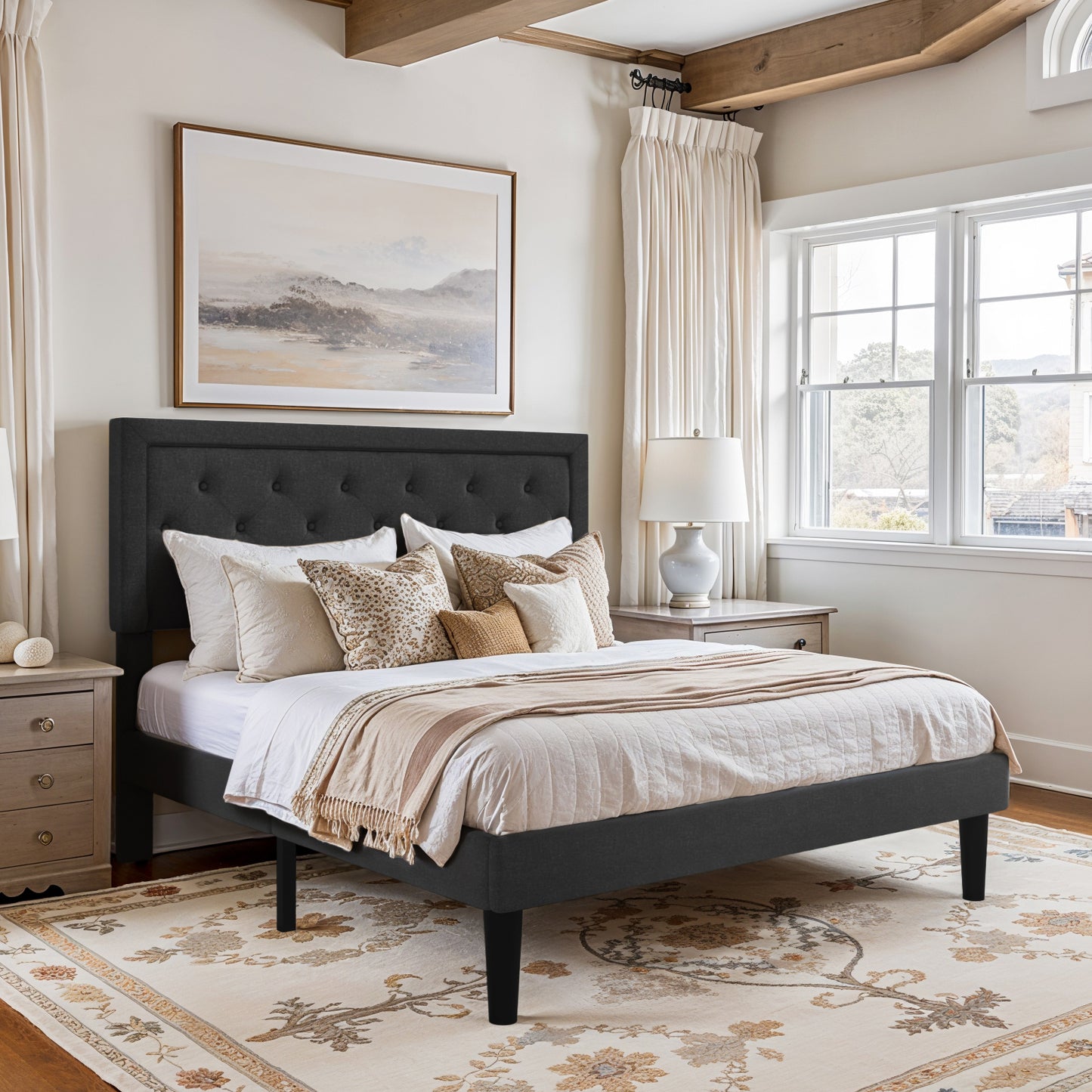 Amolife Fabric Upholstered Platform Bed Frame with Button Tufted Headboard