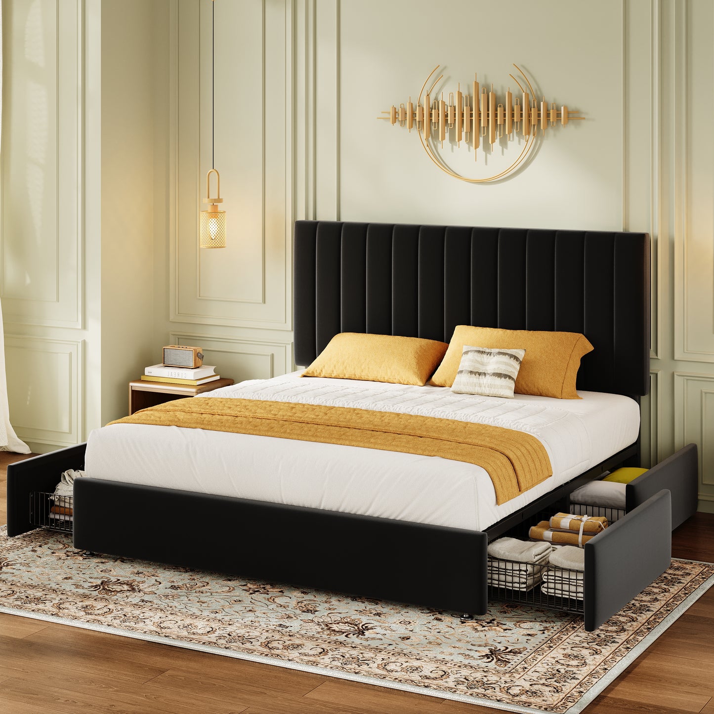 Amolife Bed Frame with Adjustable Velvet-wrapped Headboard and 4 Storage Drawers