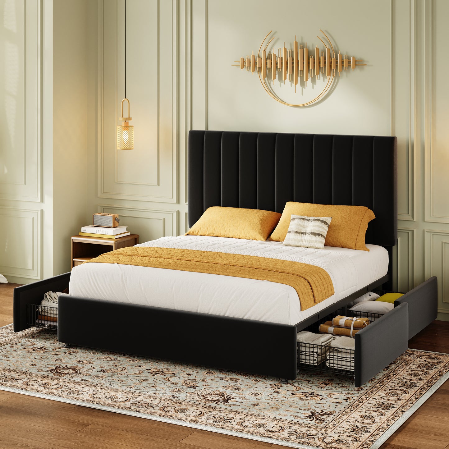 Amolife Bed Frame with Adjustable Velvet-wrapped Headboard and 4 Storage Drawers