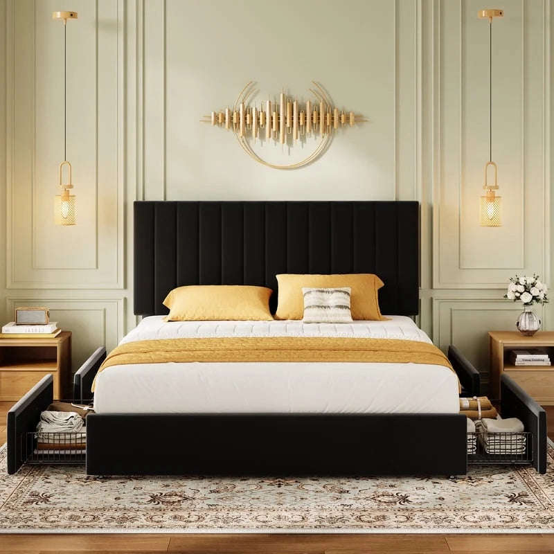 Amolife Bed Frame with Adjustable Velvet-wrapped Headboard and 4 Storage Drawers