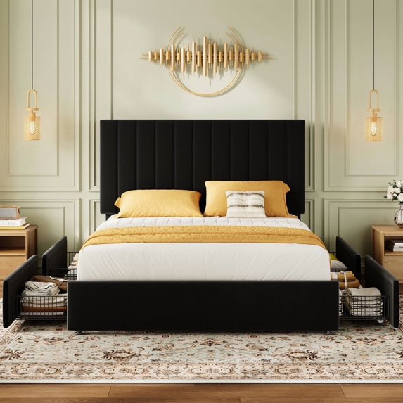 Amolife Bed Frame with Adjustable Velvet-wrapped Headboard and 4 Storage Drawers