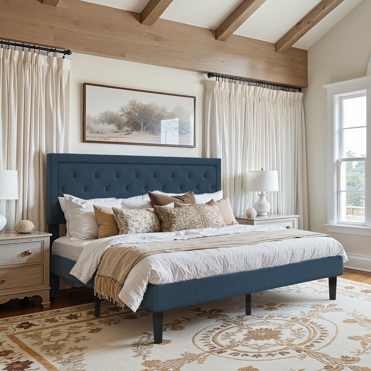 Amolife Fabric Upholstered Platform Bed Frame with Button Tufted Headboard