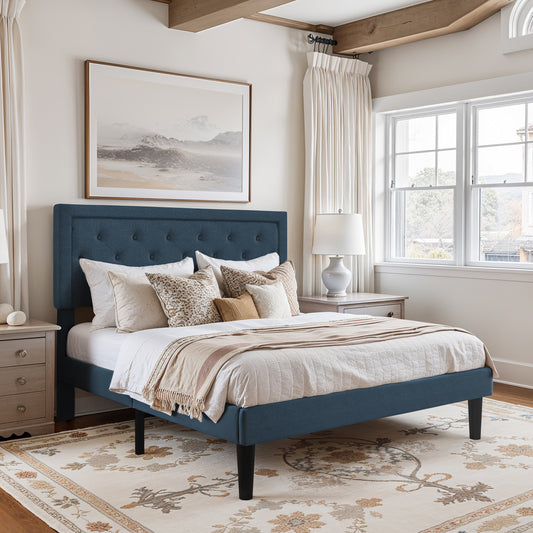 Amolife Fabric Upholstered Platform Bed Frame with Button Tufted Headboard