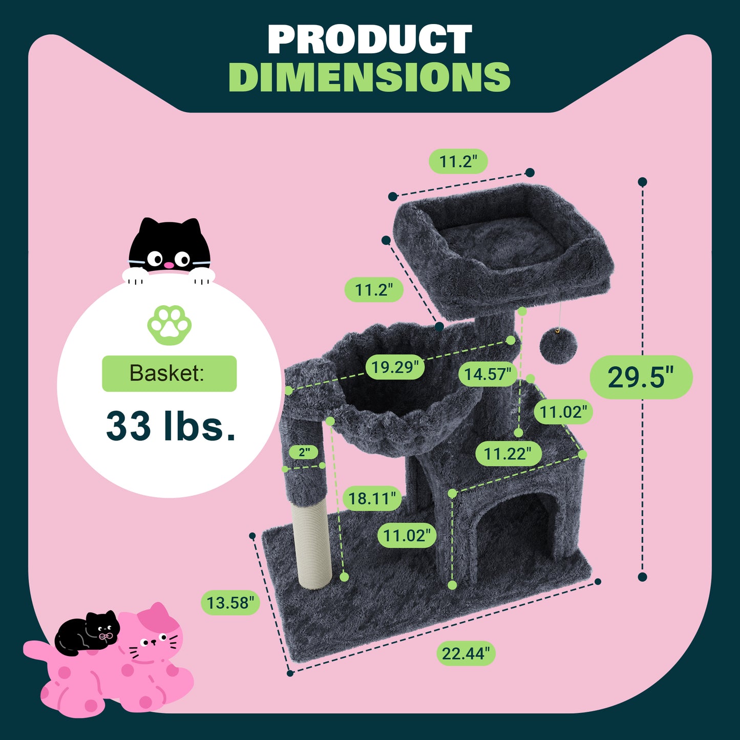 Amolife 29.5" Cat Tree Tower with Plush Condo Hammock, Large Perch Sisal Scratching Posts, Cat Furniture for Indoor Cats and Kittens