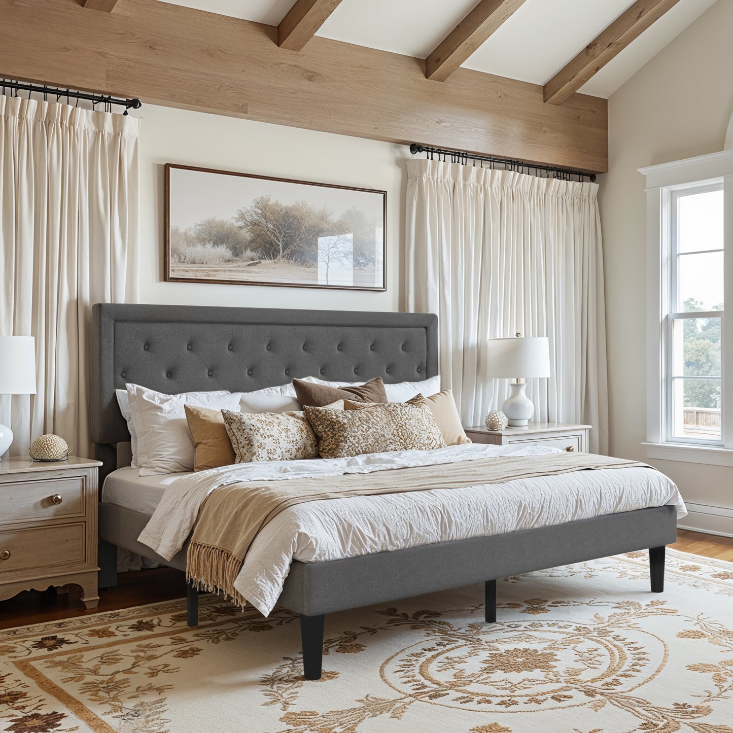 Amolife Fabric Upholstered Platform Bed Frame with Button Tufted Headboard