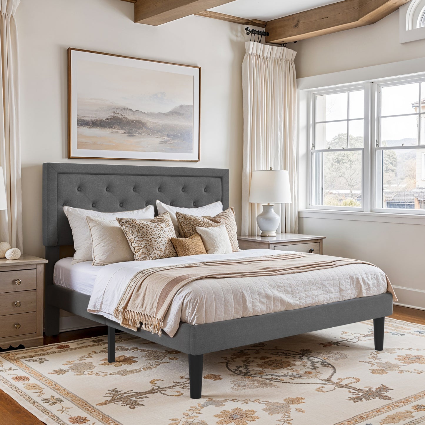Amolife Fabric Upholstered Platform Bed Frame with Button Tufted Headboard