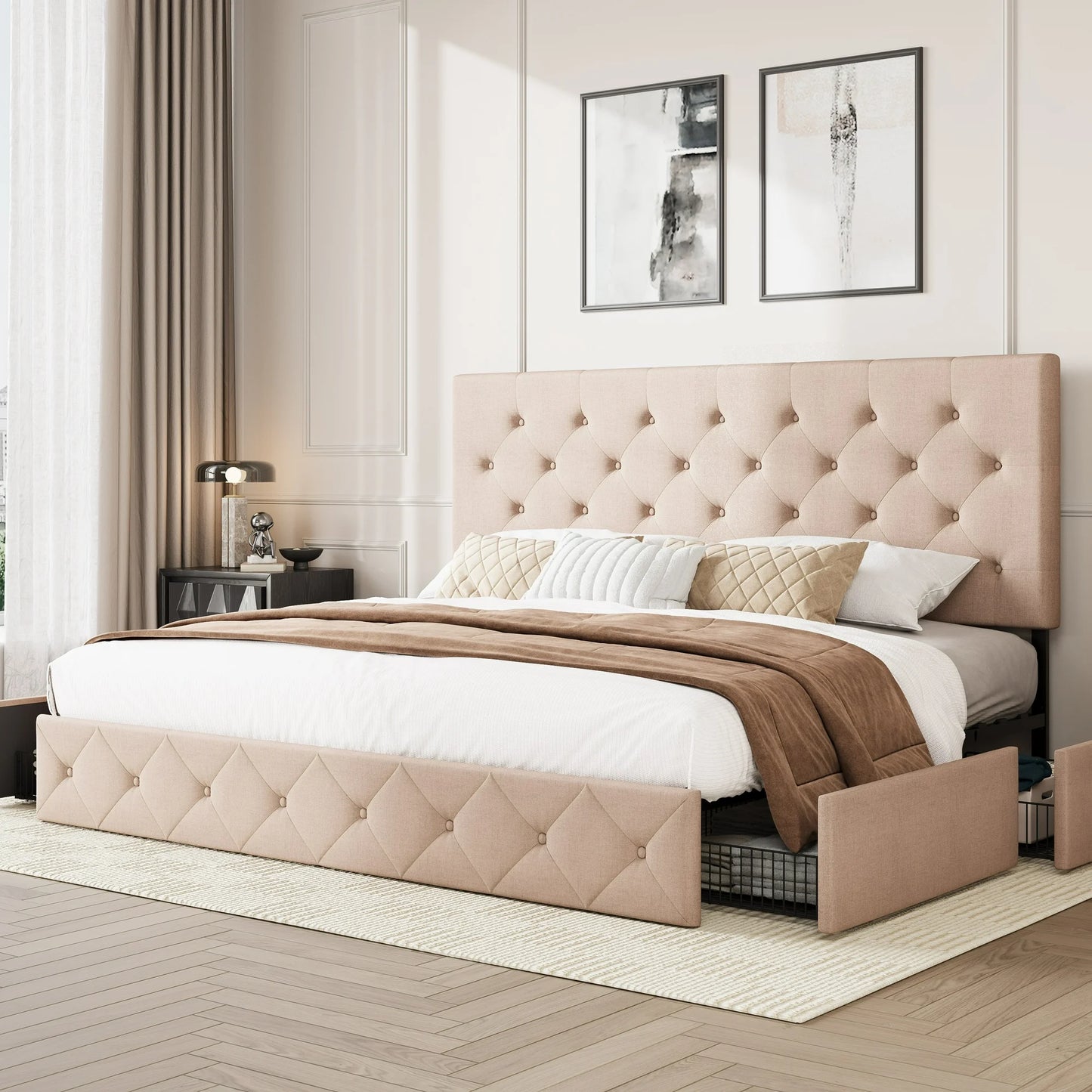 Amolife Platform Bed Frame with Square-stitched or Diamond-stitched Headboard and 4 Drawers
