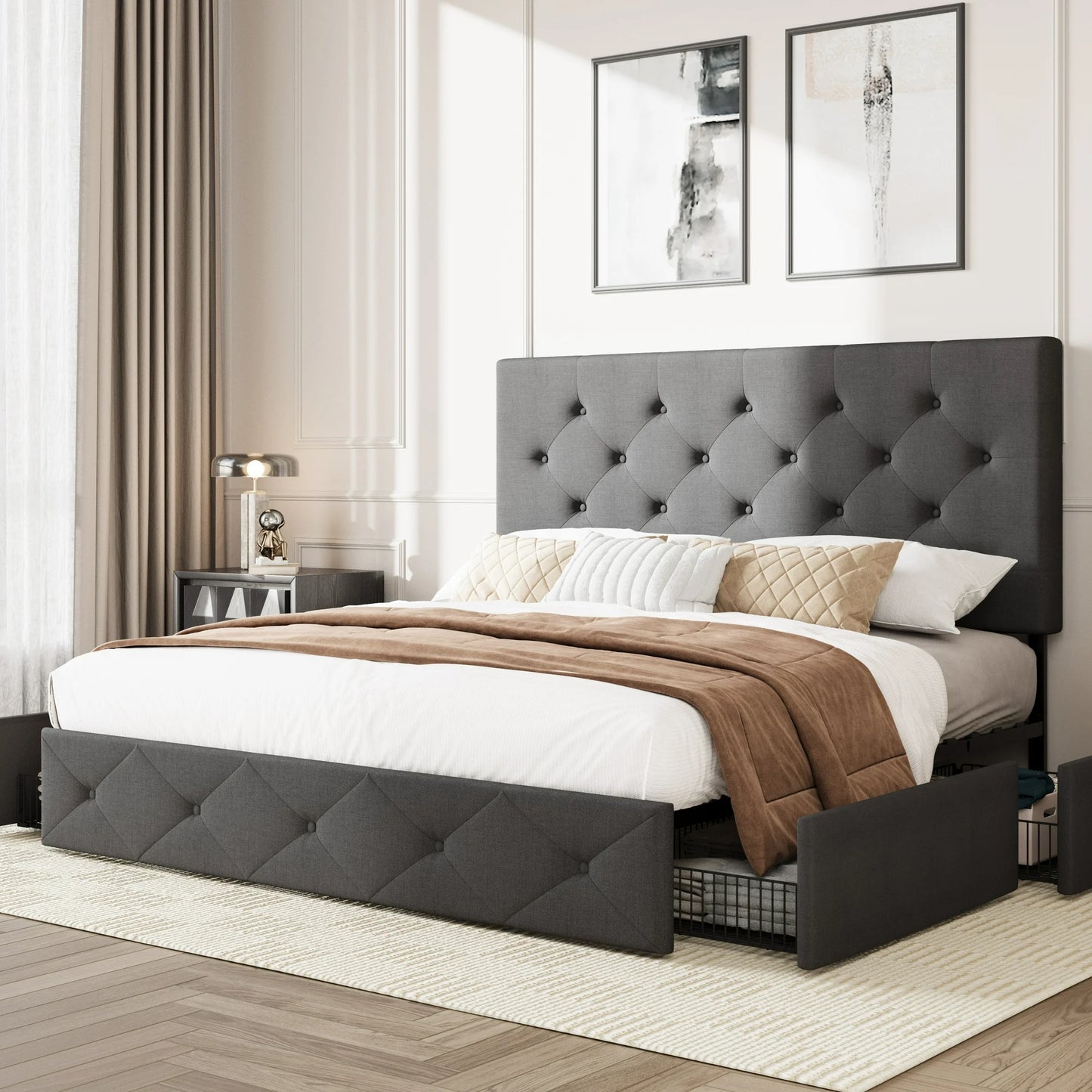 Amolife Platform Bed Frame with Square-stitched or Diamond-stitched Headboard and 4 Drawers