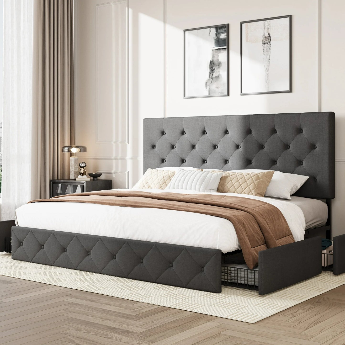 Amolife Platform Bed Frame with Square-stitched or Diamond-stitched Headboard and 4 Drawers