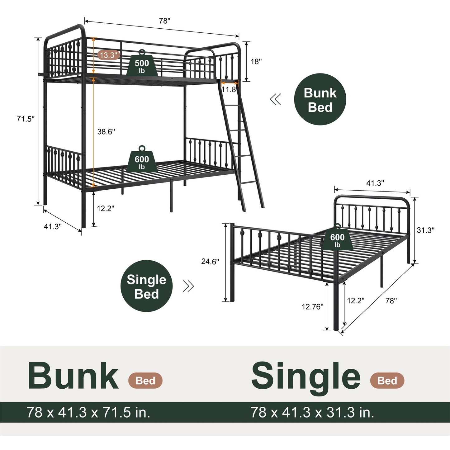 Amolife Twin over Twin Size Metal Bunk Bed with Removable Ladder, Used as Bunk Bed or Two Twin Beds, Full-Length Guardrail