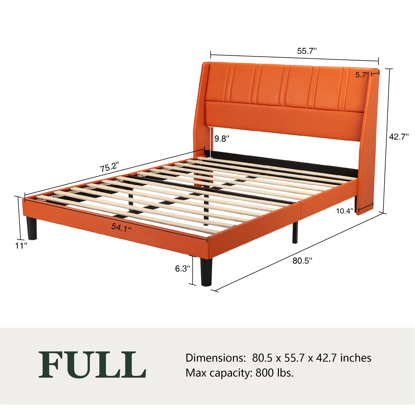 Queen Size Faux Leather Platform Bed Frame with Luxurious Wingback Headboard,Orange