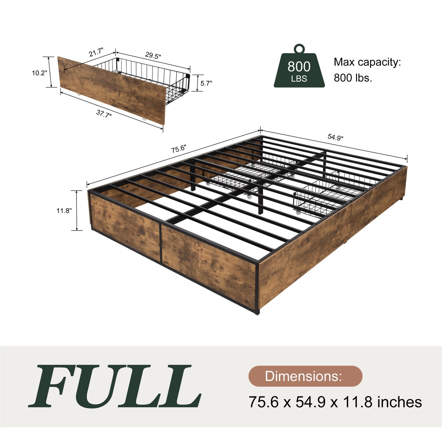 Amolife Platform Bed Frame with 2 Lockable Storage Drawers and Metal Slats