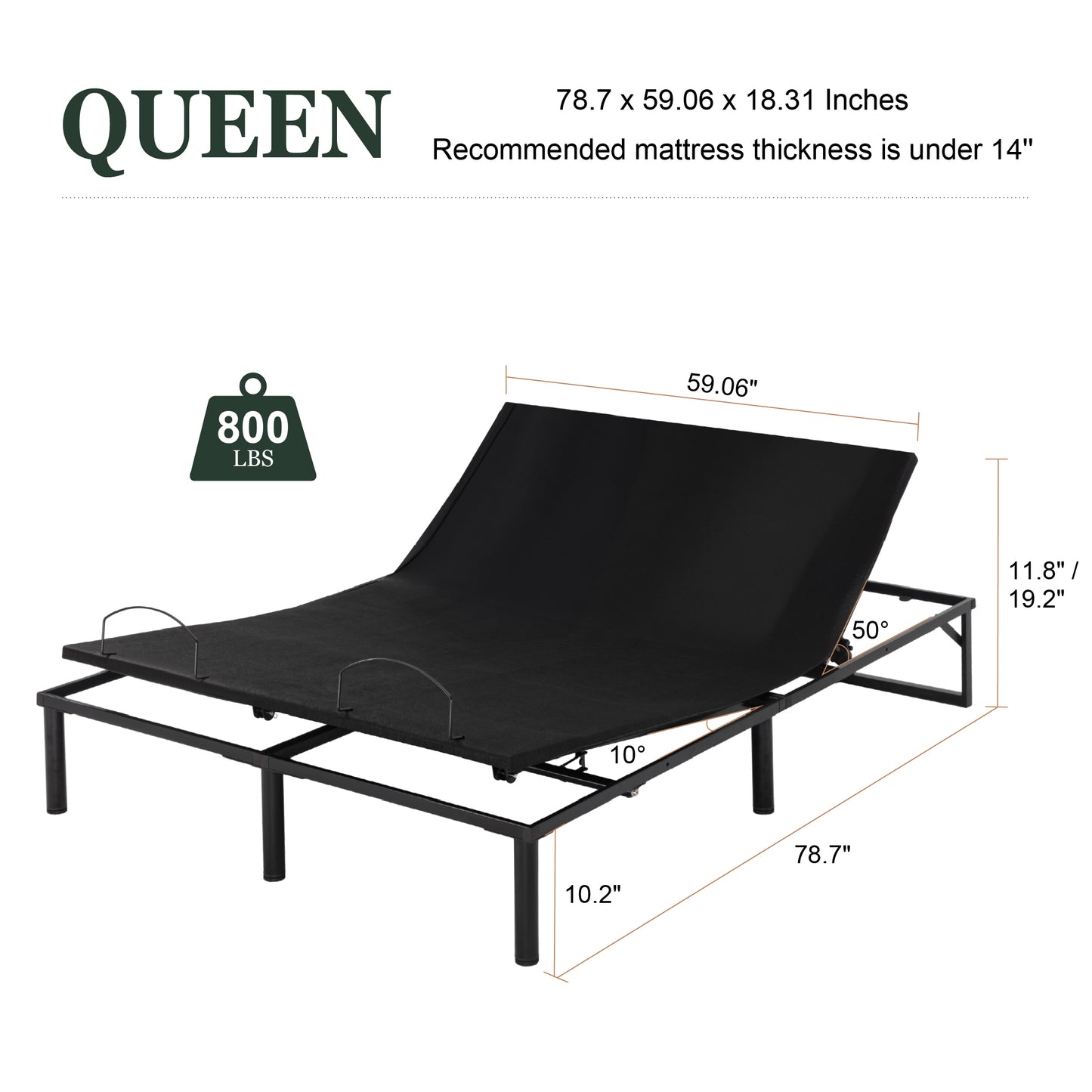Queen Size Adjustable Bed Frame with Wired Remote Control, Height-adjustable Bed Legs, Black