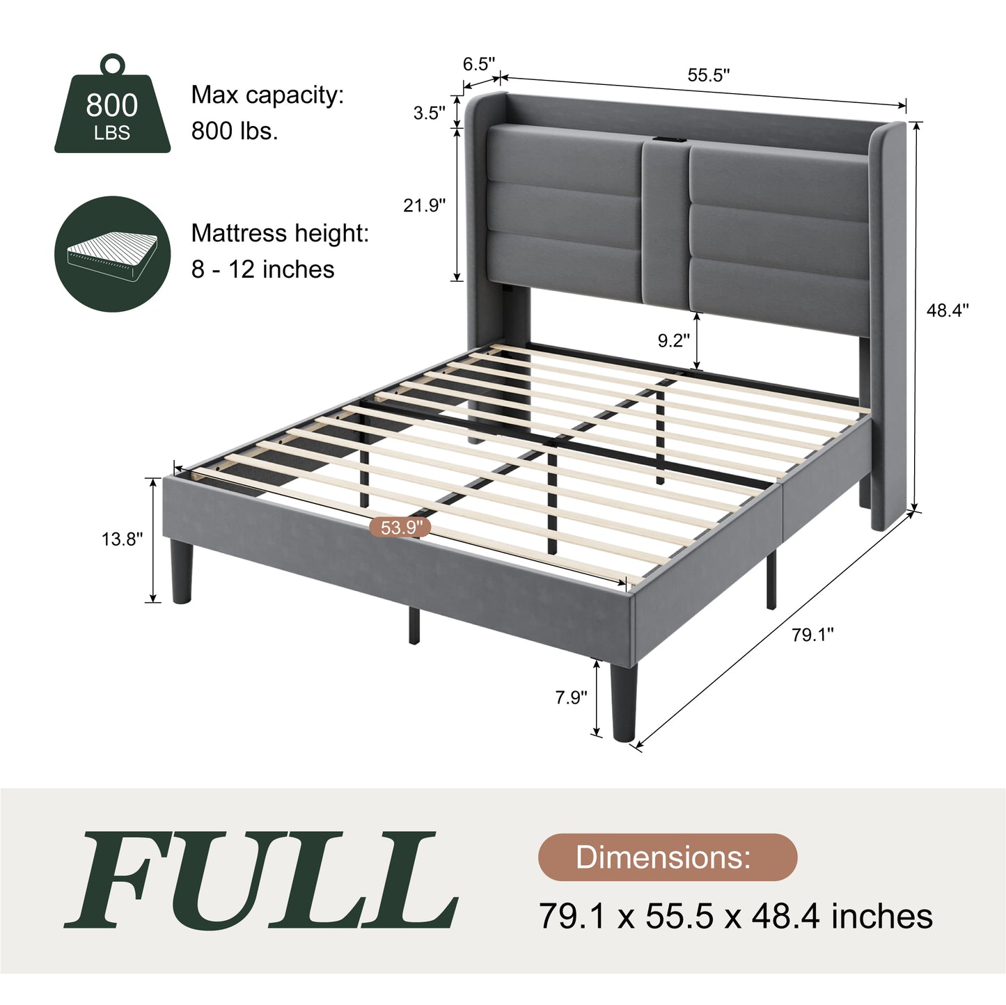 Amolife Upholstered Platform Bed Frame with Velvet Wingback Headboard & USB Charging Ports, No Box Spring Needed
