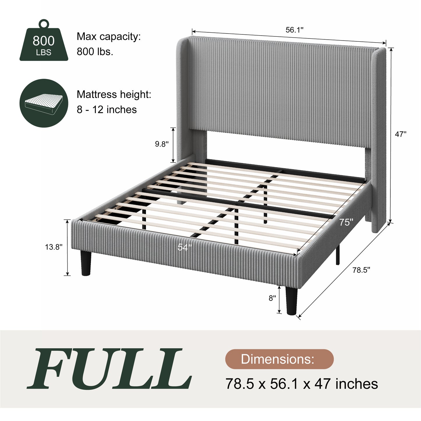 Amolife platform Bed Frame with Upholstered Wingback Headboard, Vertical Channel Tufted Corduroy Velvet