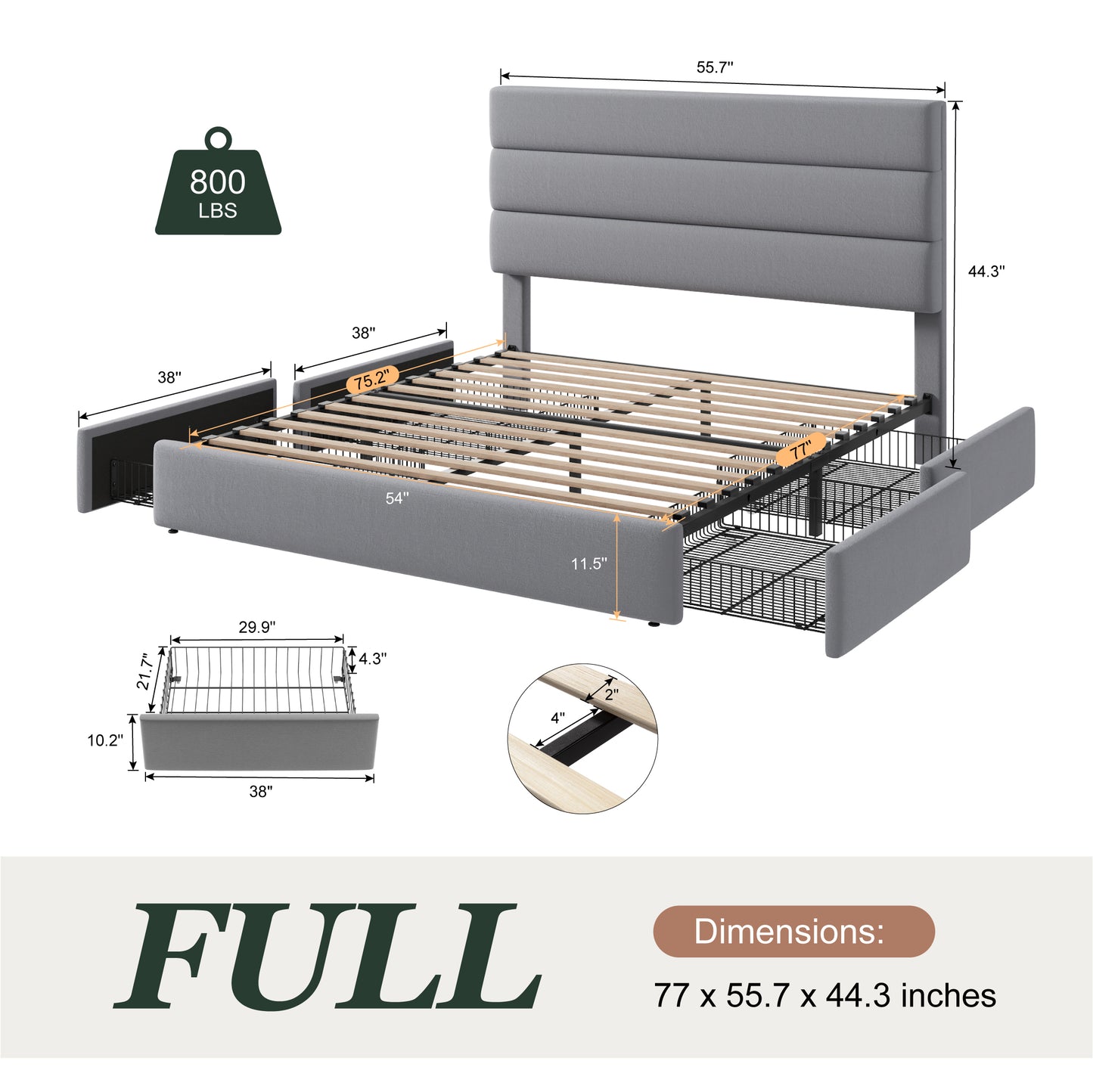Amolife Upholstered Platform Bed Frame with 4 Storage Drawers & Velvet Slat Headboard