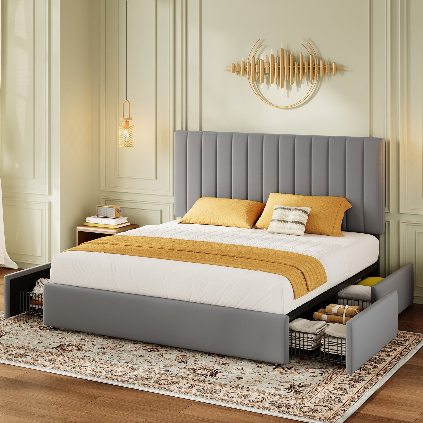 Amolife Bed Frame with Adjustable Velvet-wrapped Headboard and 4 Storage Drawers
