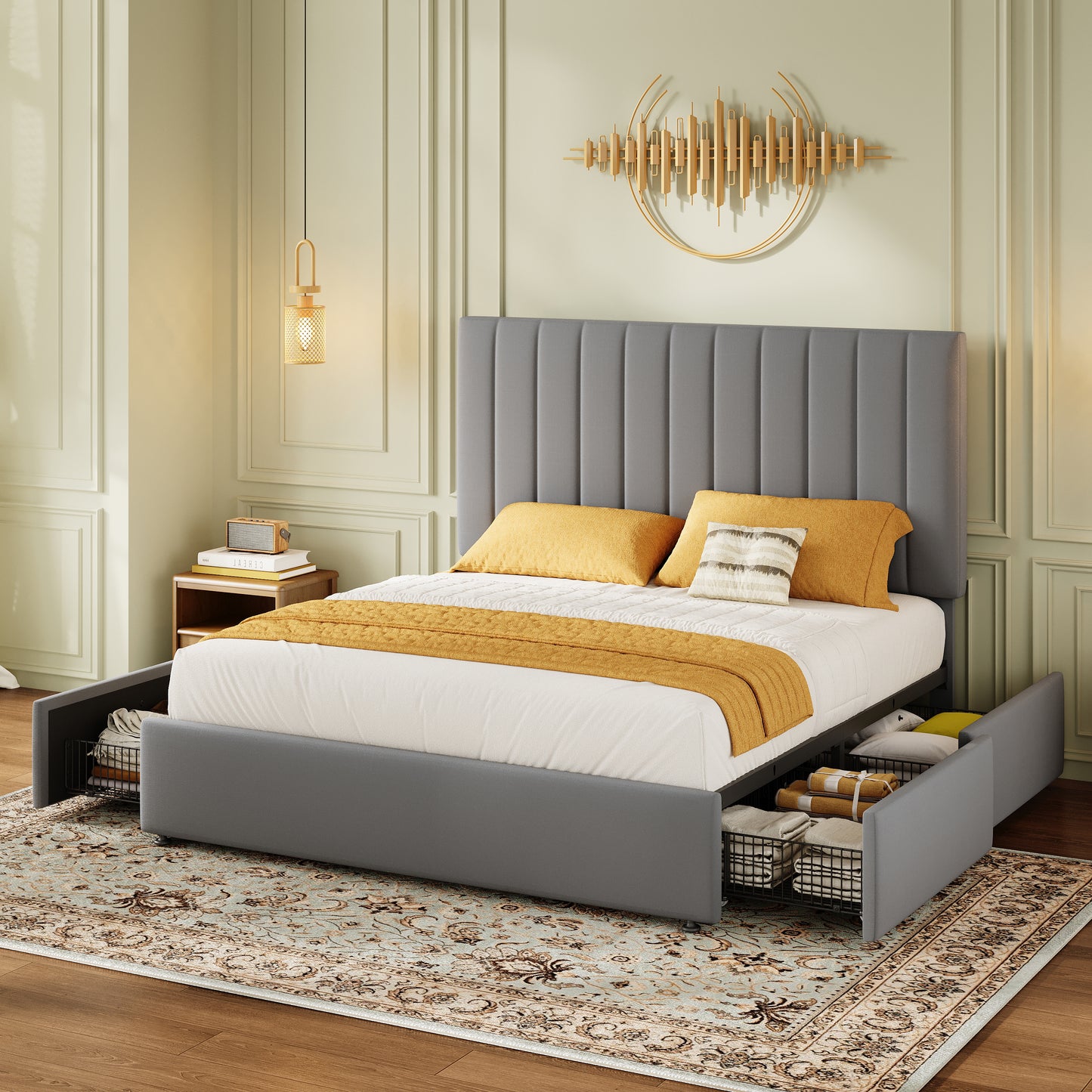 Amolife Bed Frame with Adjustable Velvet-wrapped Headboard and 4 Storage Drawers