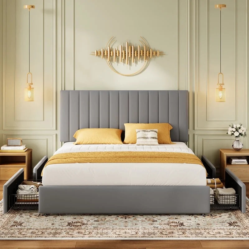 Amolife Bed Frame with Adjustable Velvet-wrapped Headboard and 4 Storage Drawers